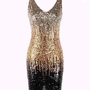 Women's Sequin Cocktail Dress V Neck Bodycon Glitter Party Dress Gold Black
